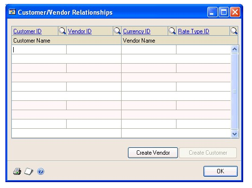 Screenshot of the Customer/Vender relationships window, before information is input.
