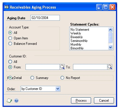 Screenshot of the Receivables Aging Process window, showing default entries and empty input boxes.