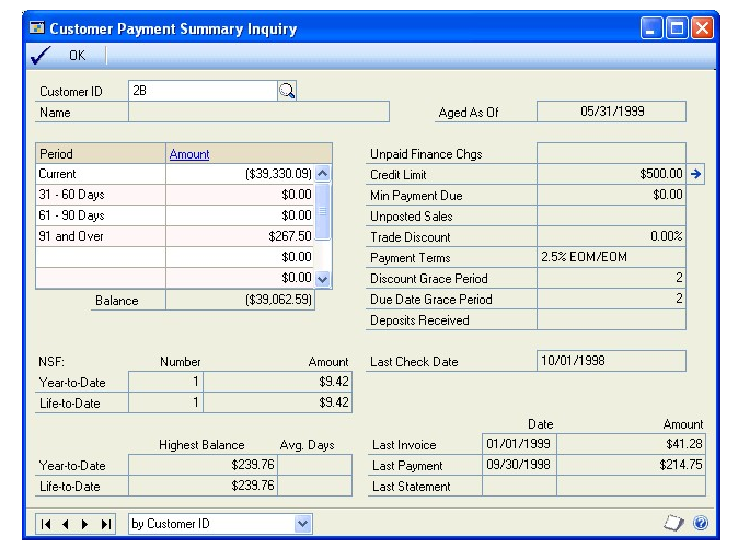 Screenshot of the Customer Payment Summary Inquiry window.