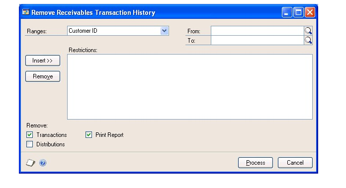 Screenshot of the Remove Receivables Transaction History window, showing default entries and empty input boxes.