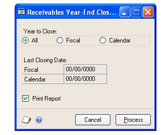 Screenshot of the window, showing the selection All for Year to Close. The Print Report box is checked.
