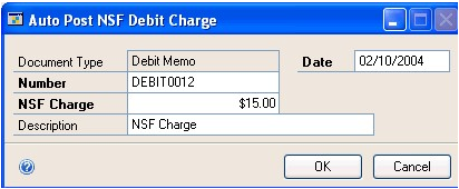 Screenshot of the window, showing entries for an example NSF charge of fifteen dollars.