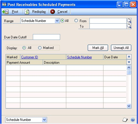 Screenshot of the Post Receivables Scheduled Payments window.