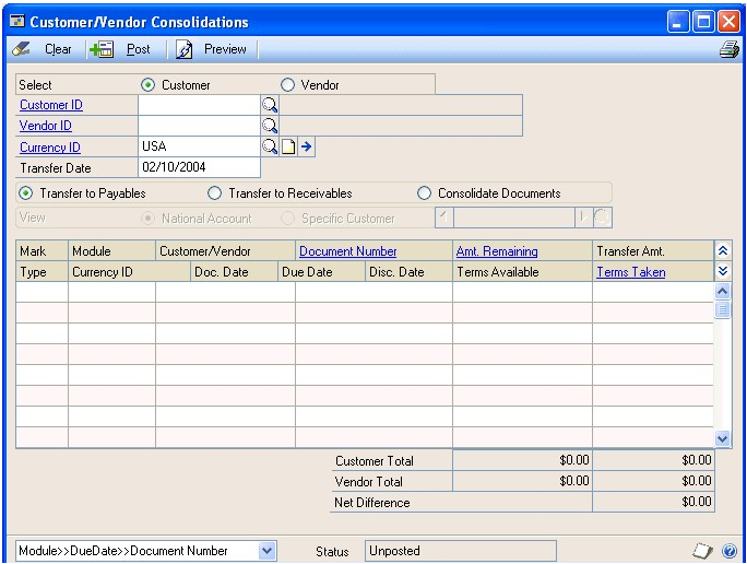 Screenshot of the Customer/Vendor Consolidations window, showing default entries and empty input boxes.