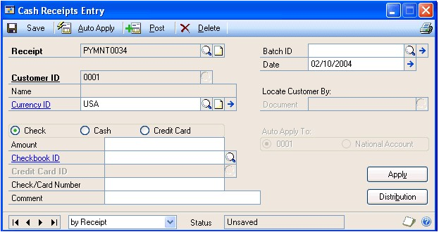 Screenshot of the Cash Receipts Entry window.