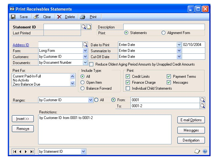 Screenshot of the Print Receivables Statements window, showing default entries and empty input boxes.