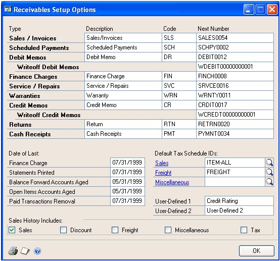Screenshot of the window, showing input boxes for description, code, date of last, and default tax schedule IDs.