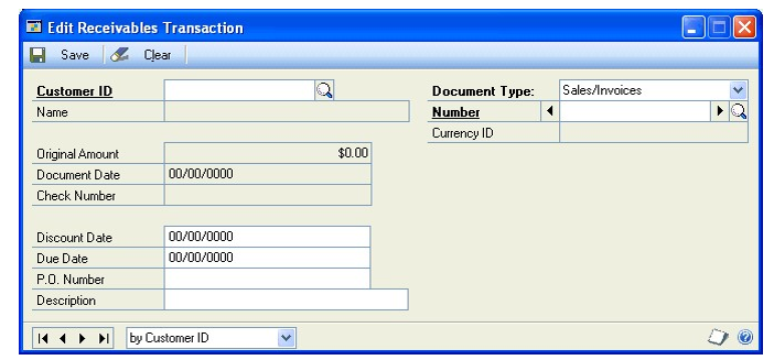Screenshot of the Edit Receivables Transaction window, showing default entries and empty input boxes.