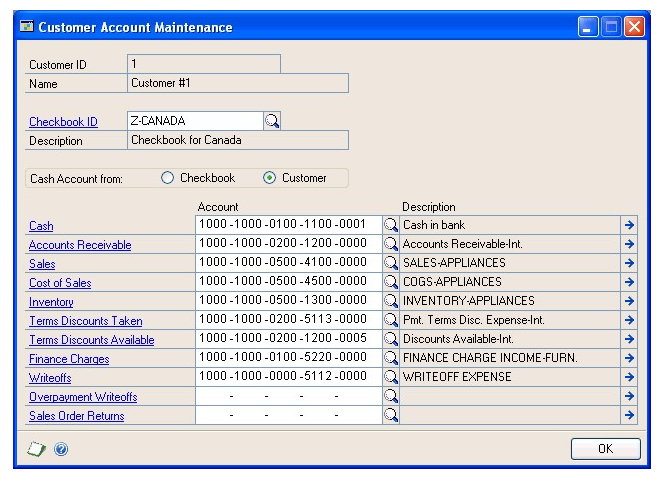 Screenshot of the window, showing example customer account numbers and descriptions.