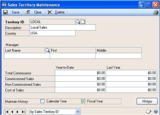 Screenshot of the Sales Territory Maintenance window, showing default and empty input boxes.