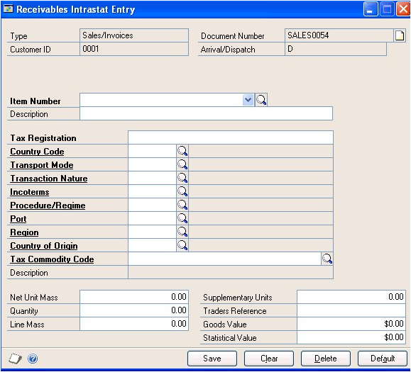 Screenshot of the Receivables Intrastat Entry window.