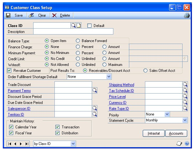 Screenshot of the Customer Class Setup window, showing default selections and empty input boxes.