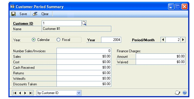Screenshot of the Customer Period Summary window, showing default and empty input boxes.
