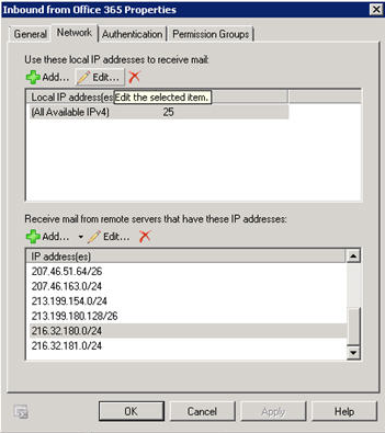 Screenshot of an Exchange Online Protection receive connector.