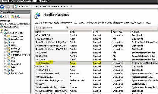 Screenshot of an example of the svc-Integrated handler mapping in IIS.