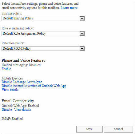 Screenshot of the Mailbox Feature dialog box.