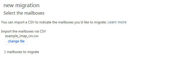 Screenshot of the Select the mailboxes page for I M A P migration.