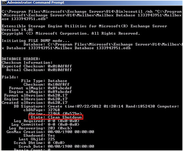Screenshot of verifying the status of the database by using Command Prompt.