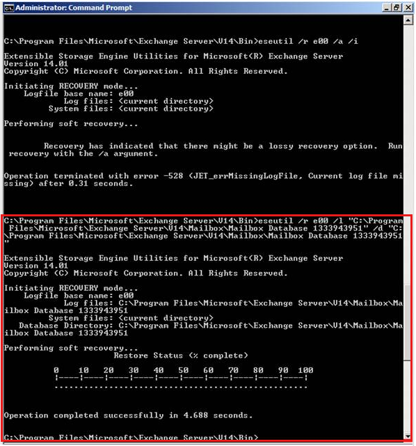 Screenshot of performing a Soft Recovery operation by using Command Prompt.