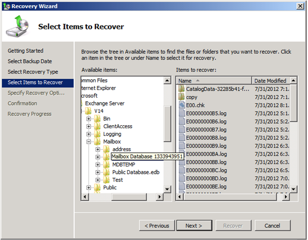 Screenshot of the window for Select Items to Recover.
