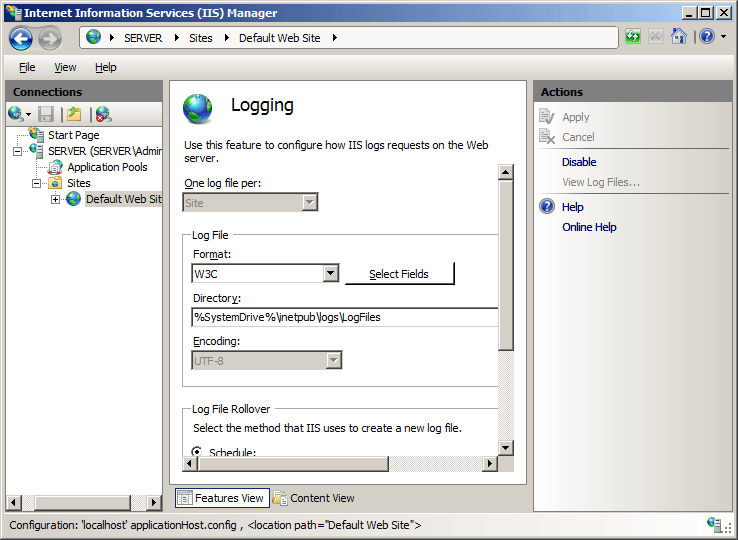 Screenshot of the Logging page within I I S Manager.