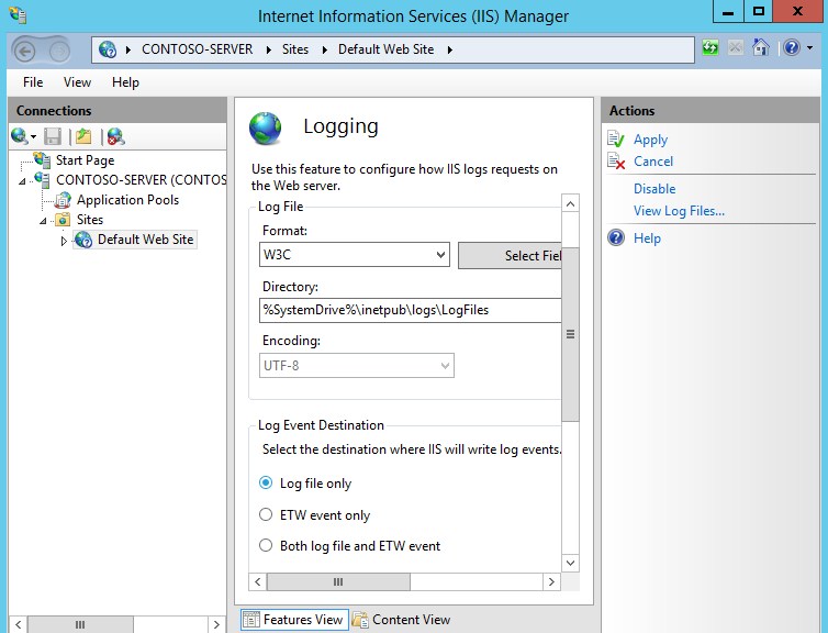 Screenshot of the I I S Manager window displaying the Logging page.