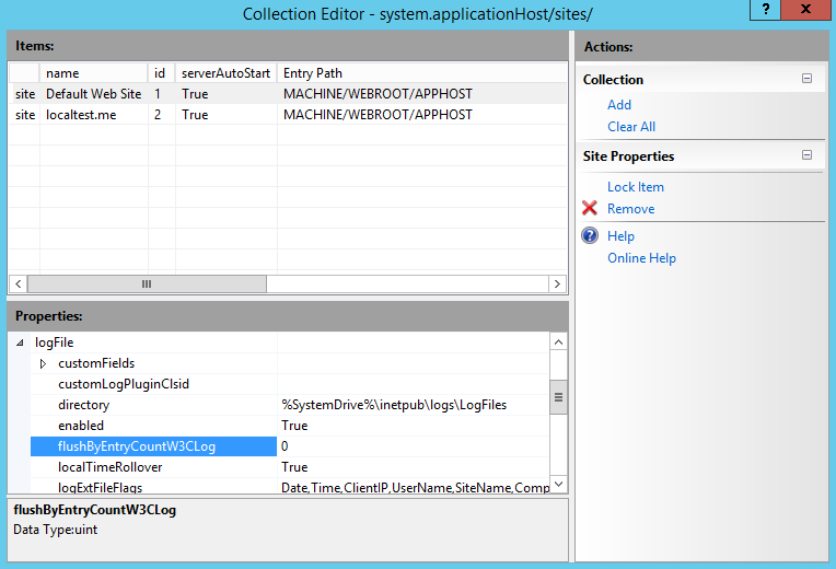 Screenshot of the Collection Editor Window. Flush By Entry Count W 3 C Log is highlighted in the Properties field.