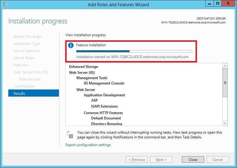 A screenshot that shows the Progress page in Windows server 2012.