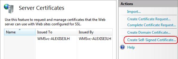 Screenshot of the Server Certificates Actions pane with Create SelfSigned Certificate emphasized.