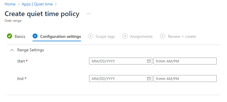 Screenshot of the Microsoft Intune quiet time - Configure Date Range policy