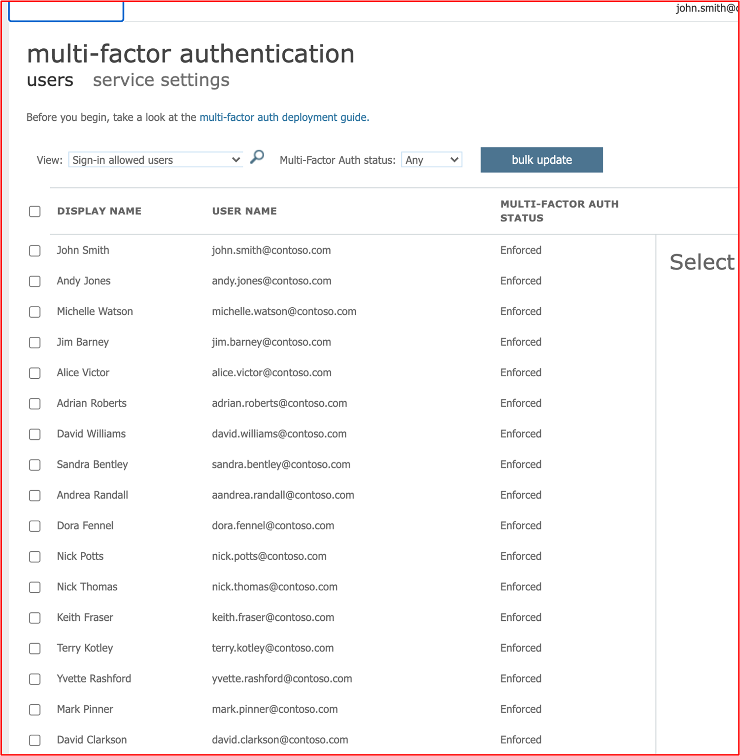 screenshots show that all Azure users have MFA enabled.