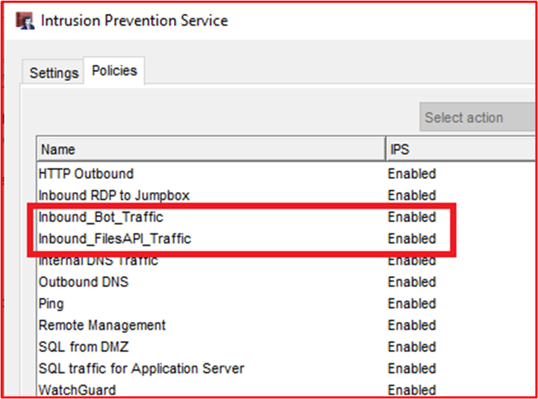 screenshot shows that IDPS is enabled on these rules.