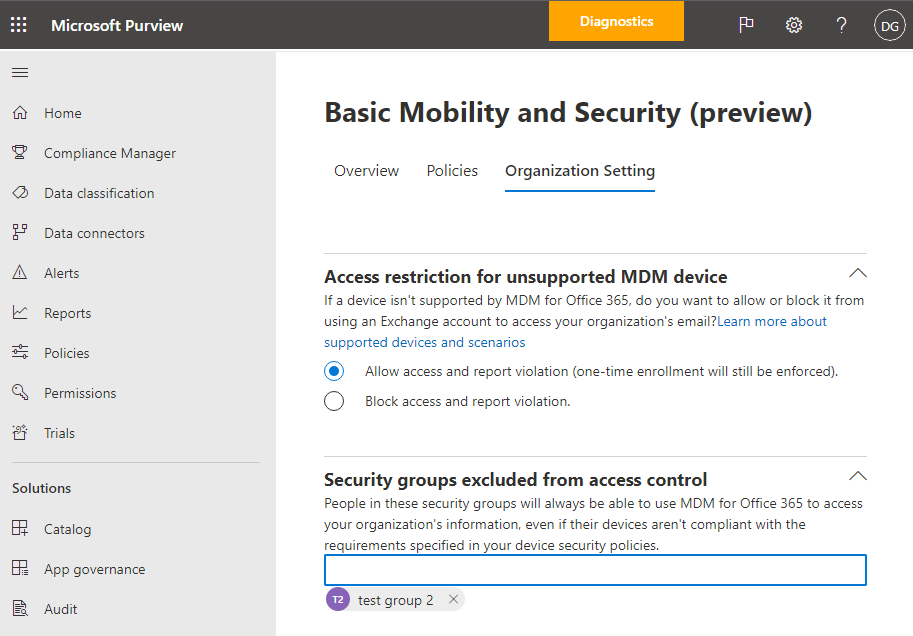 Basic Mobility and Security allow access option.