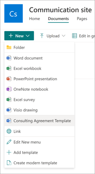 Screenshot of document library showing the modern template choices on the New menu.