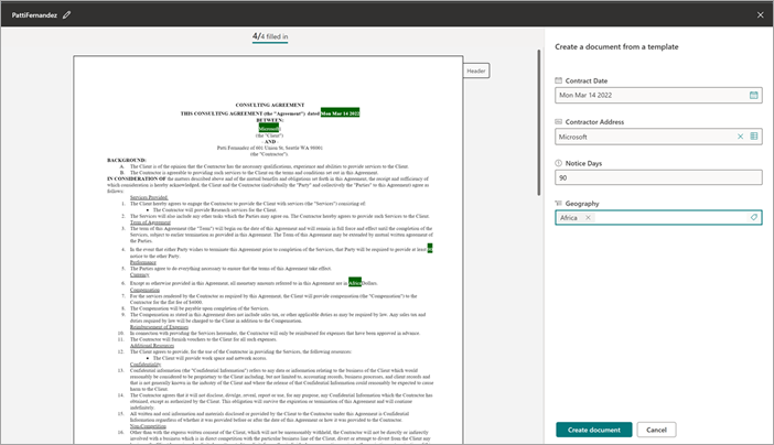 Screenshot of document library showing the Create a document from a template panel.