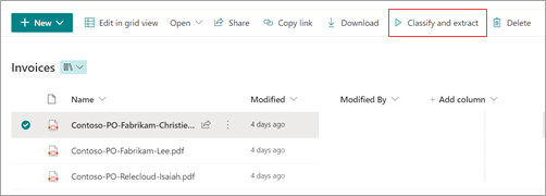 Screenshot of a SharePoint document library with the Classify and extract option highlighted.
