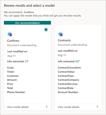 Screenshot of the Review results and select a model page showing the recommended models.