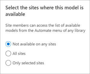 Screenshot of the Select the sites where this model is available panel showing the options of where you want the model to be available for others.