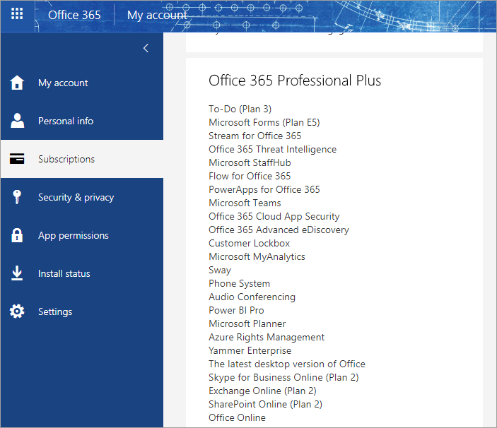 Screenshot shows the latest desktop version of Office after selecting subscriptions.