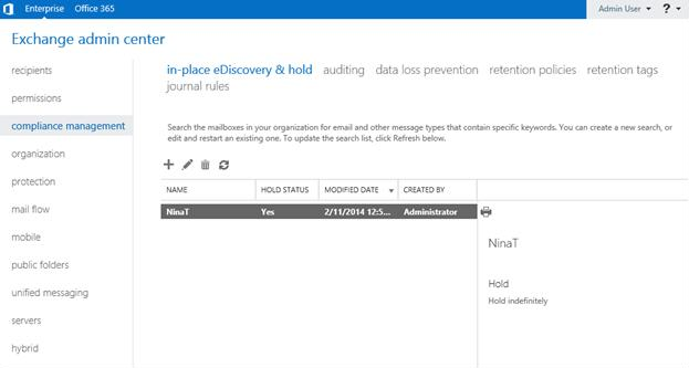 Screenshot shows steps to click in-place eDiscovery & hold page in the Exchange Admin Center.