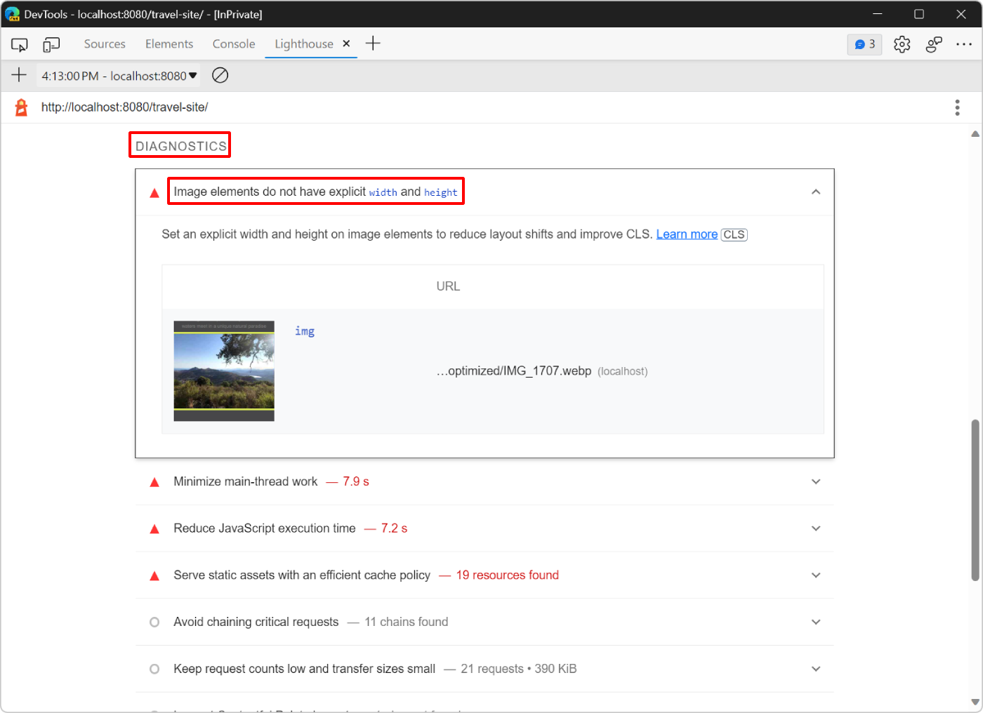 The Lighthouse diagnostics section about setting explicit width and height for images