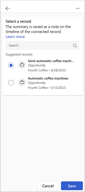 Screenshot showing how to select an opportunity to save the email summary.
