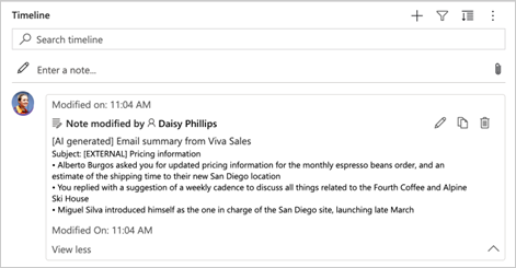 Screenshot showing the Email summary saved as a note in CRM.