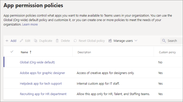 Screenshot showing a new app permission policy being created.