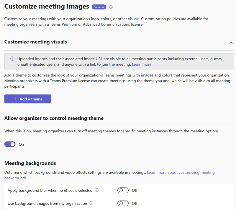 Screenshot of Teams meeting customization policies in the Teams admin center.