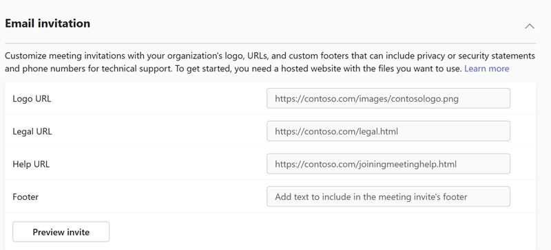 Screenshot of Teams meeting settings for email invitations in the Teams admin center.