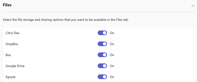Screenshot of Teams cloud storage service files settings in the Teams admin center.