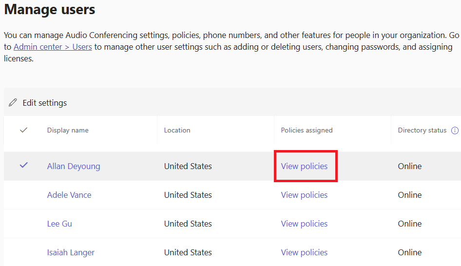 Screenshot that shows the option to view the existing policies applied to the user.