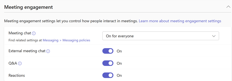 Screenshot of Teams meeting engagement policies in the Teams admin center.