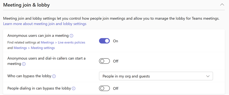Screenshot of Teams meeting join & lobby policies in the Teams admin center.